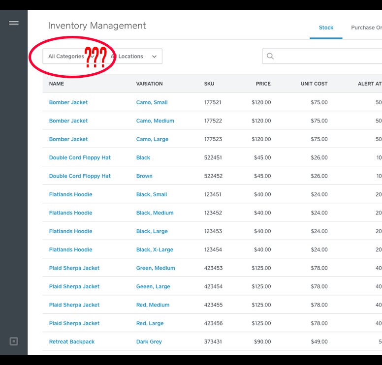 category filter implemented in inventory management?