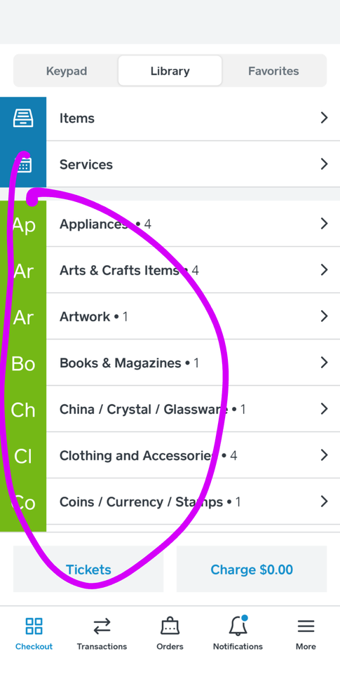 Have these on top of Library tab in checkout and blue at bottom
