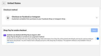US options: 1) checkout through FB or IG or 2) Shop Pay for onsite checkout