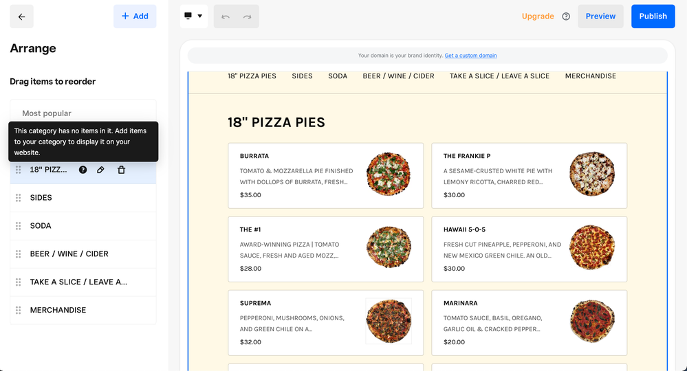 No items showing up in the list underneath categories when I try to rearrange them