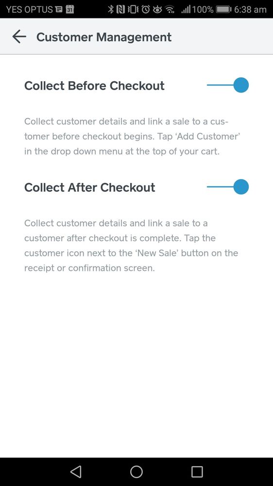 Android missing Card On File settings in Customer Management.