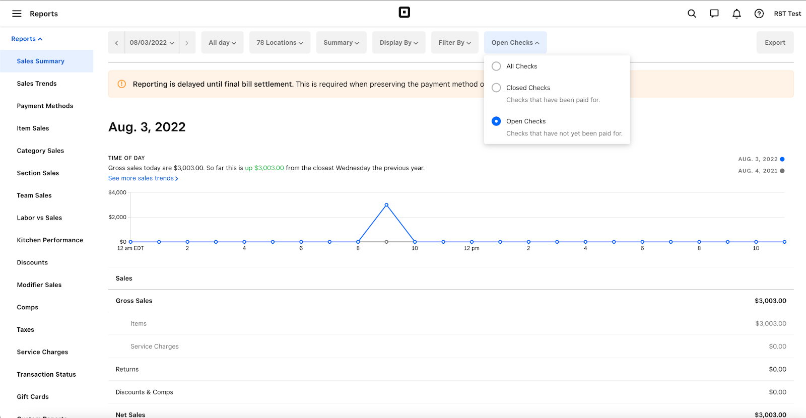 Live sales reports in Square dashboard