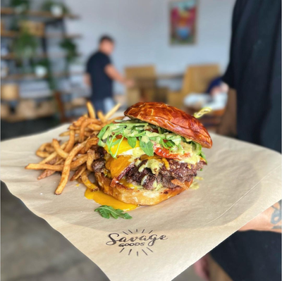 The Breakfast Burger, Savage Goods. Follow them on Instagram @savagesoods.