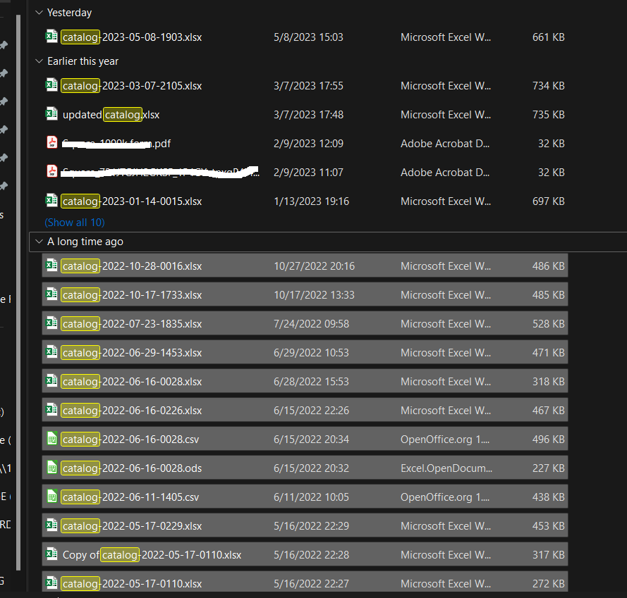Catalog-date . csv or xlsx files
