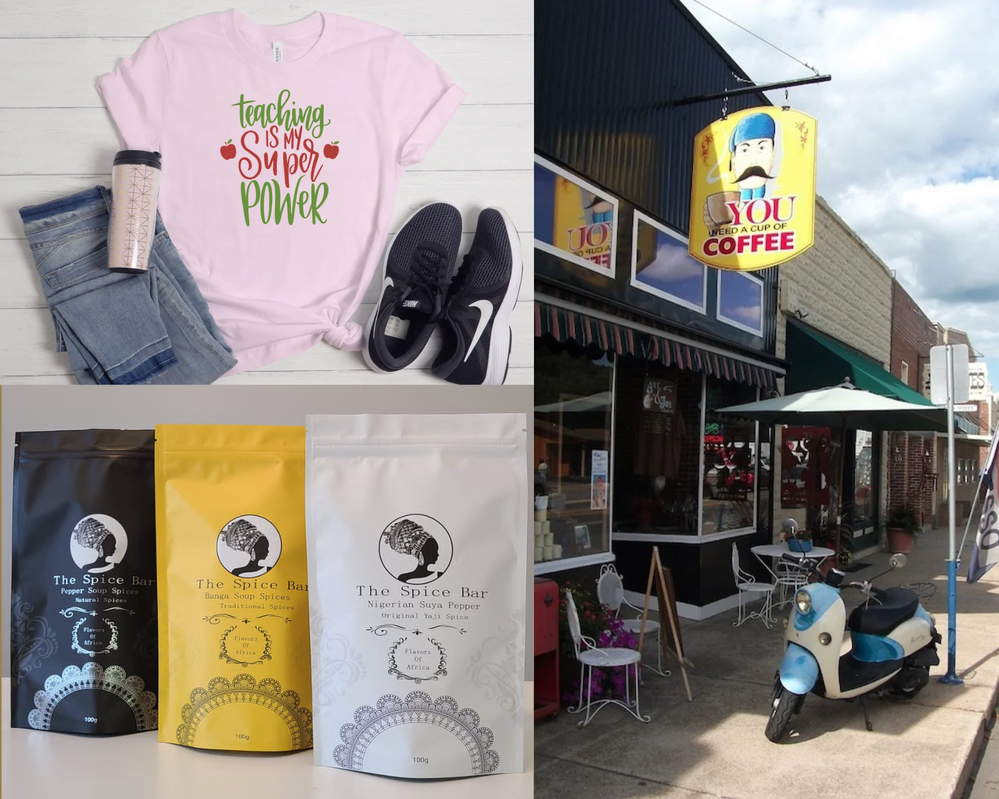 Clockwise from top left: A custom t-shirt by Designz by Akiko http://designzstore.com, Art and Joe in Steelville Missouri www.artandjoe.com, and spice blends from The Spice Bar www.spicebaryyc.com