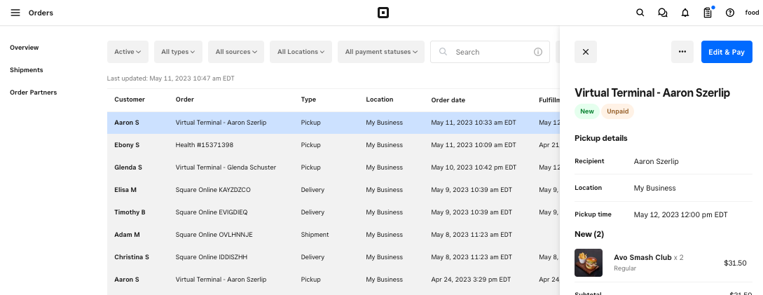 Create an open order with Square Virtual Terminal