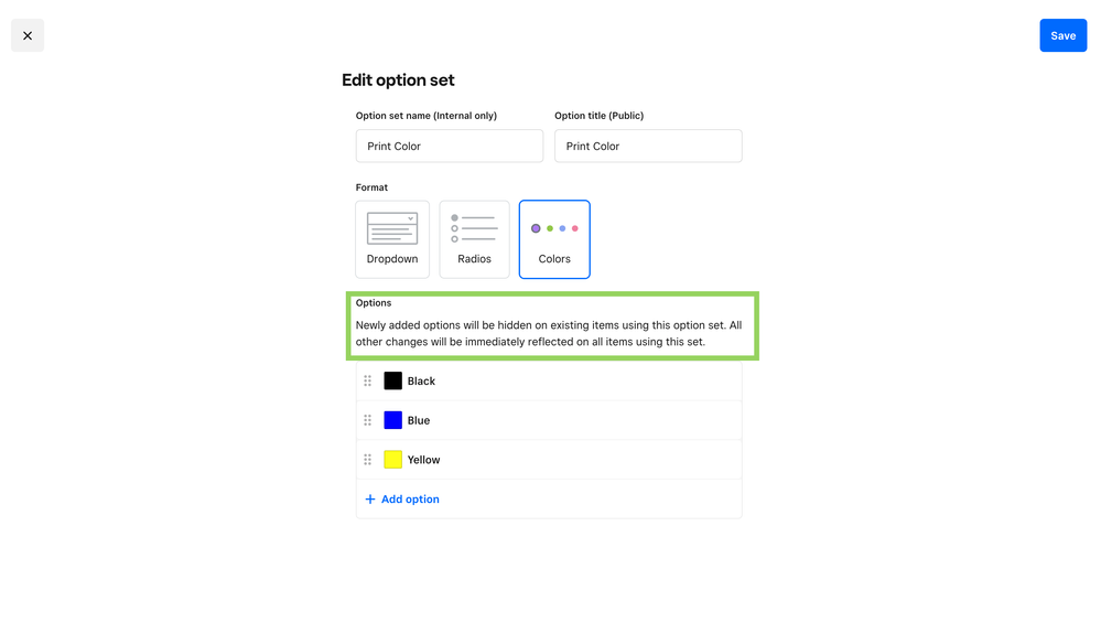 Square Online > Items > Option set