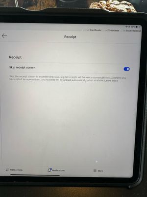 terminal screen showing to skip receipt screen