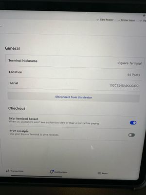 ipad screen showing receipt print set off