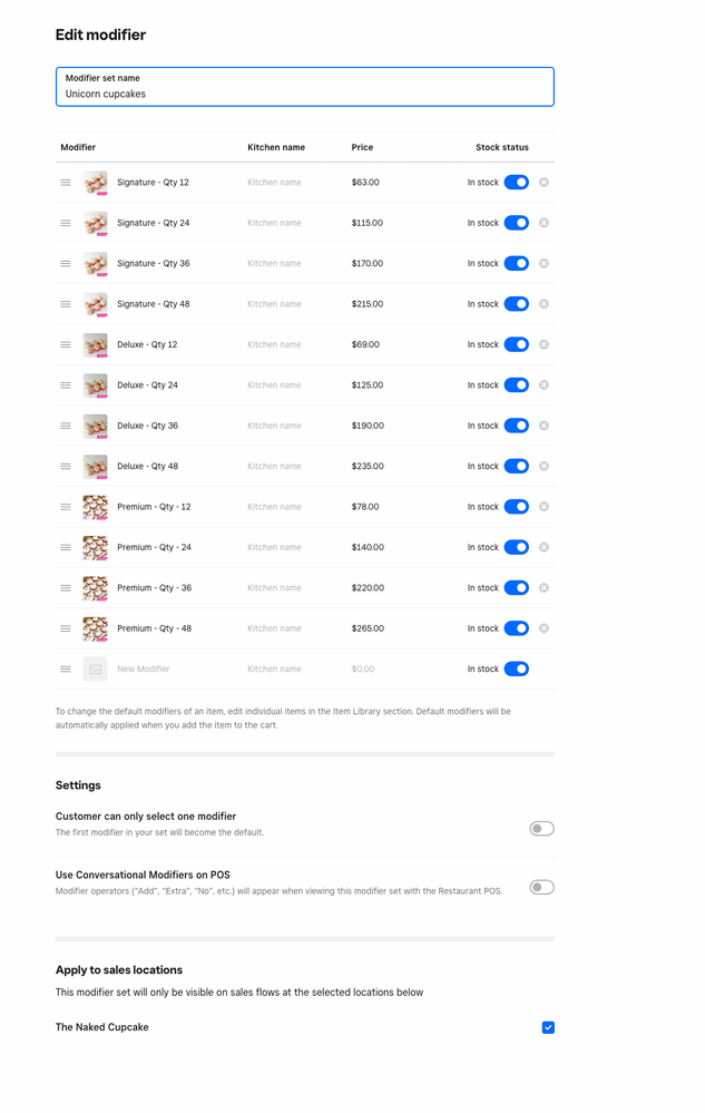 Unicorn cupcake modifier - disappears in Local delivery view (before eligible address is entered), appears in Store pickup view.