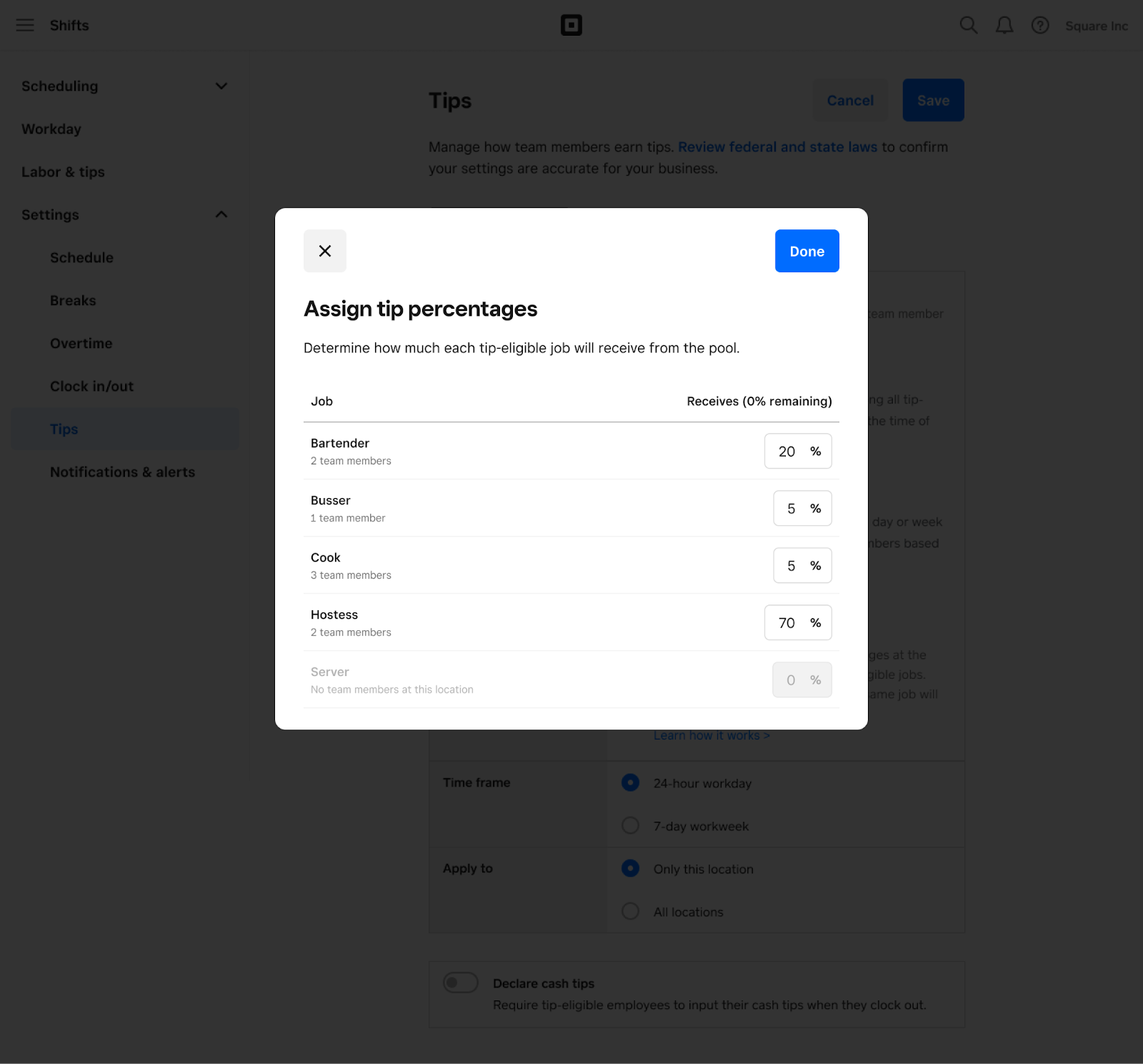 Percentage-based tip pooling in Square