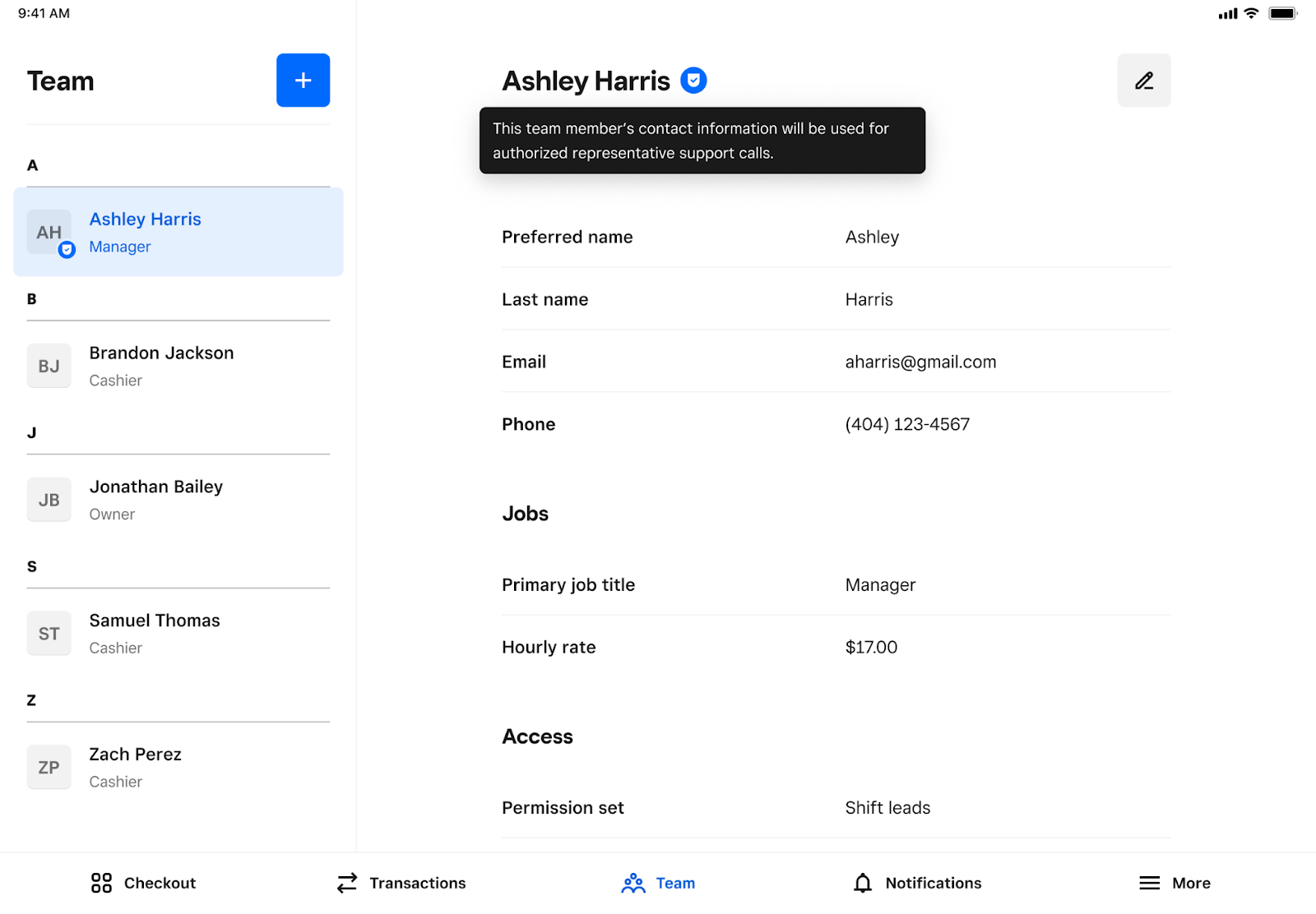 Authorized representatives for Square Support