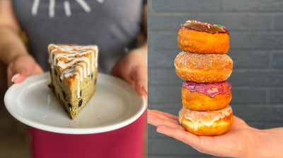 Baked goods by Savage Goods: Blueberry coffee cake and hand-rolled donuts. Instagram @savagegoods