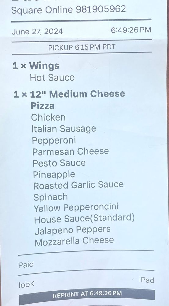 printed receipt missing the side sauces