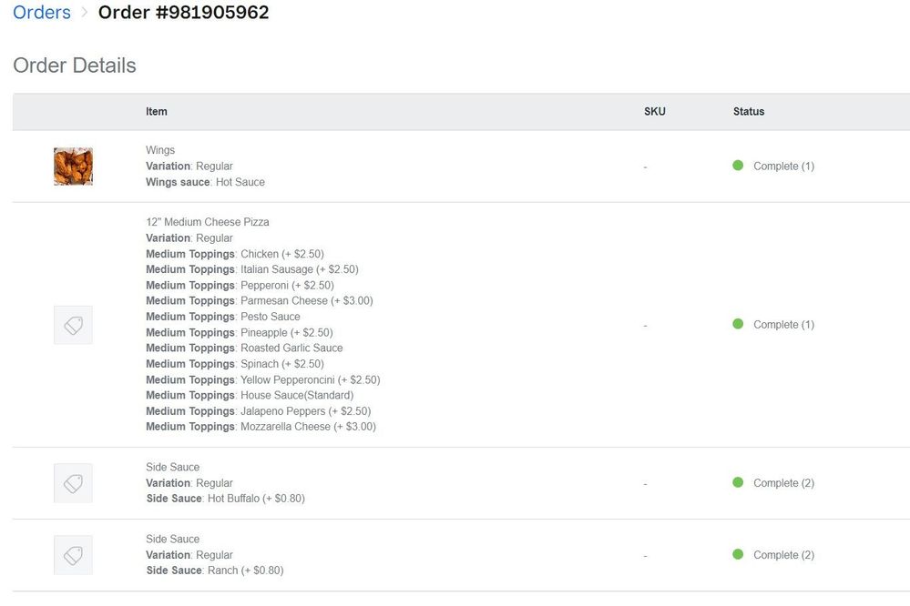 actual transaction showing side sauces