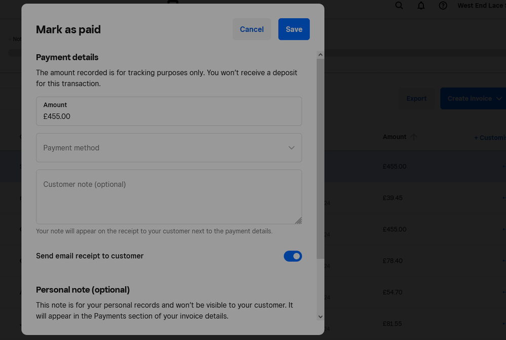 Invoice Mark as Paid form