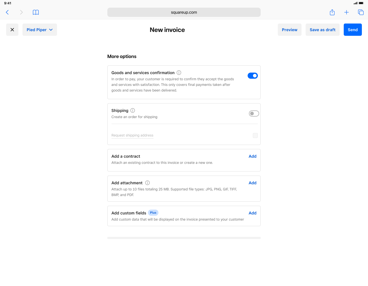 Goods and services confirmation on Square Invoices
