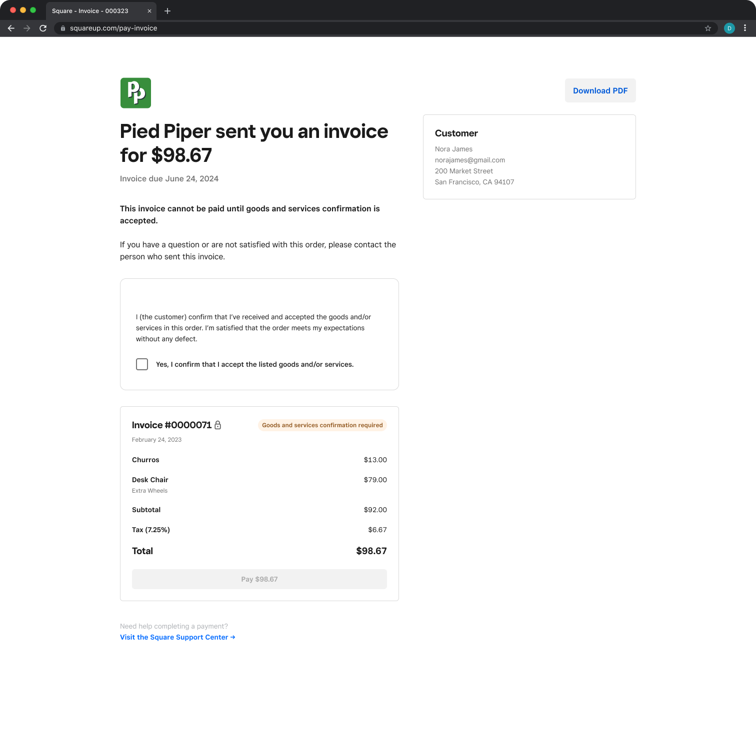 Goods and services confirmation on Square Invoices