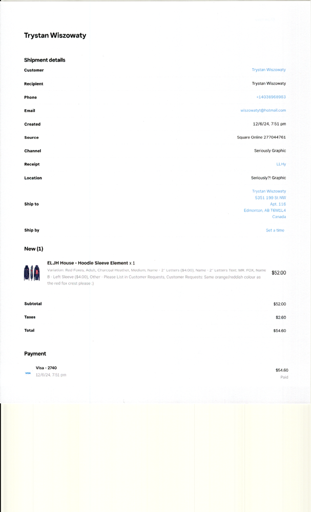 Orders printed Order