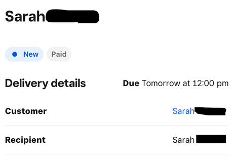 Dashboard shows her name as recipient and customer