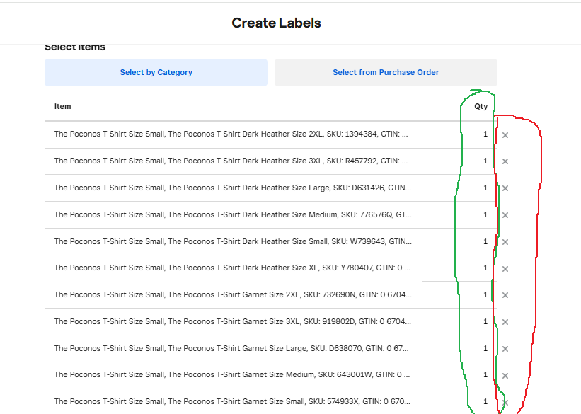 Qty can be edited and label can be deleted