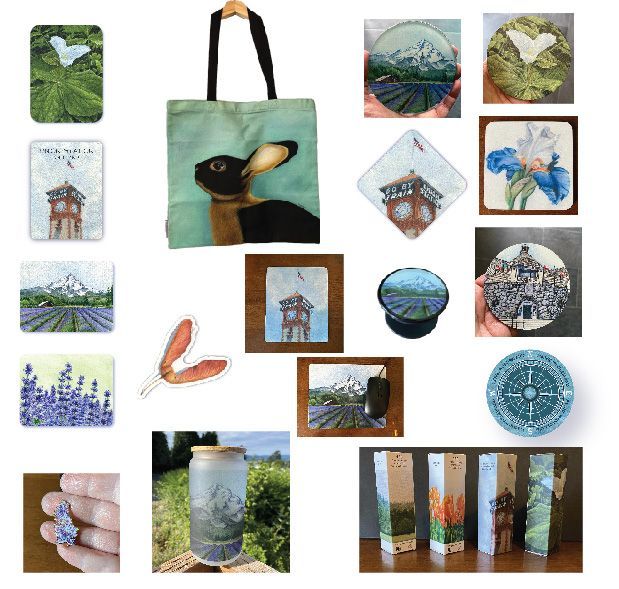 Magnets, pins, cups, coasters, pins, and puzzles