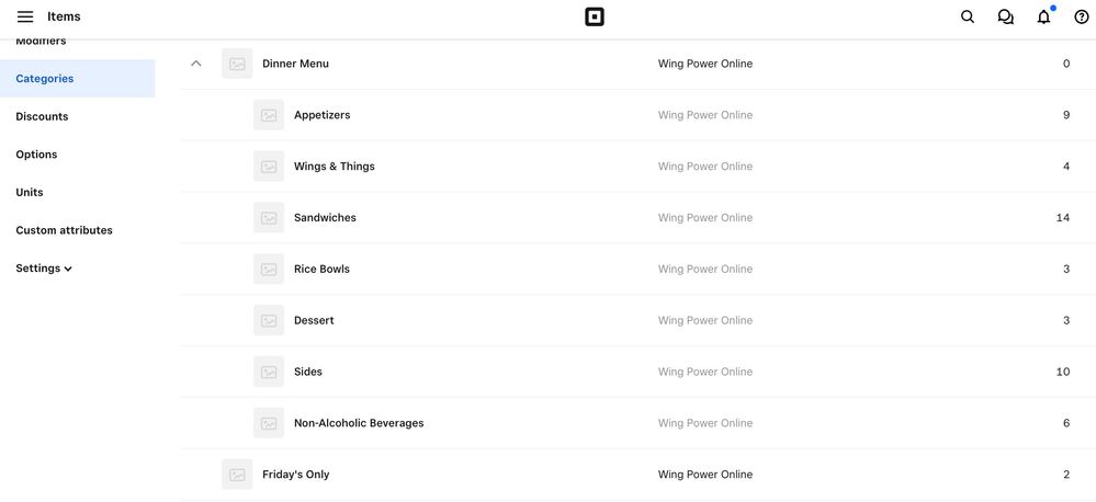 On Square Dashboard - the categories I've created and how they should be displayed on the site