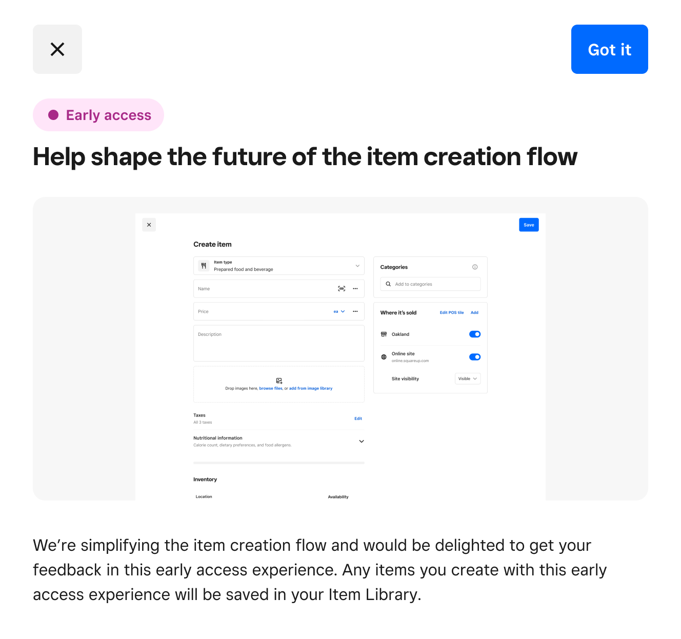 Try the upcoming Simplified Item Creation flow — f... - The Square ...