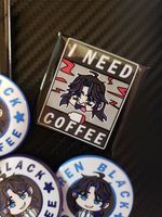 I NEED COFFEE Pin - features character Ren Black of Yokai Detective Agency