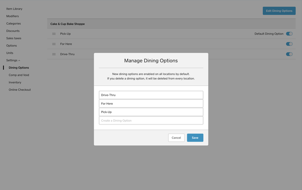 Edit Dinning Options