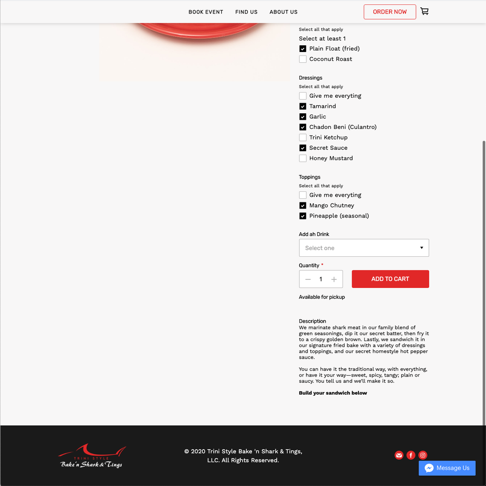 Screen that appears after clicking "Shop Now" on featured item on home page