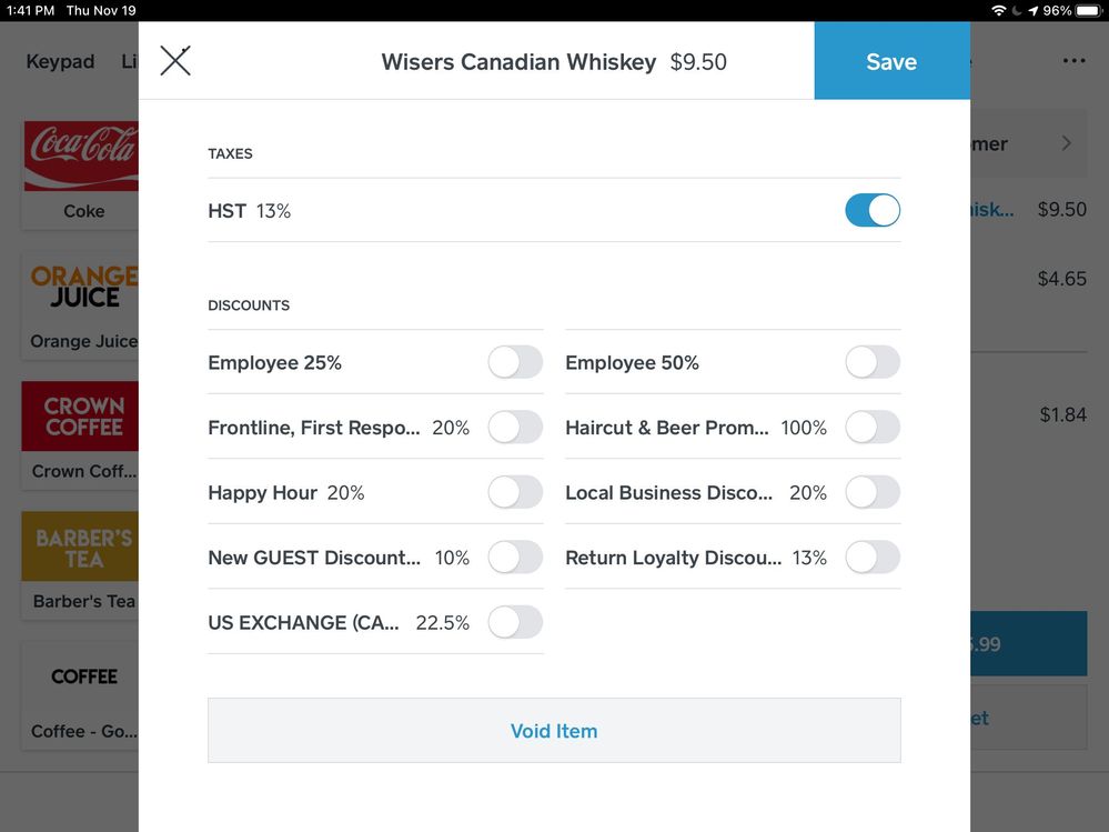 List of Available Discounts when clicking on an item