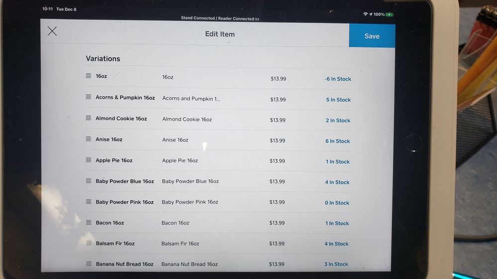 Items Tab Variations in Order